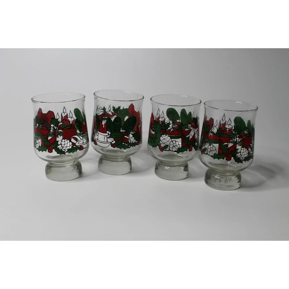 Vintage Libbey Christmas Glasses Heavy Footed Holiday Wreath Candles Set of 4